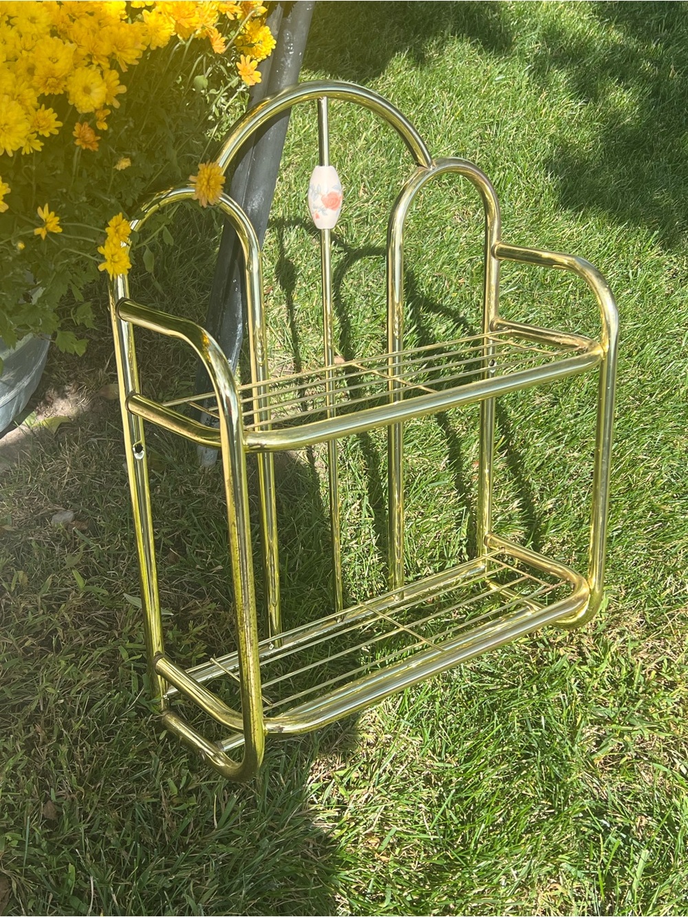 Vintage Brass Two-Tier Bathroom Shelf with Towel Bar - Hollywood Regency